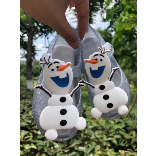 Newest mini Melissa 2020 girls jelly shoes princess cartoon snowman olaf summer sandal childrens cute sliver candy shoes soft M