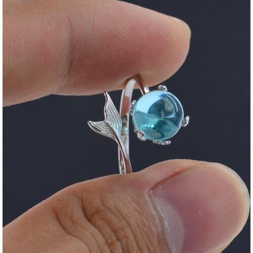 New Retro Mermaid Foam Rings For Women Temperament Blue Crystal Fishtail Rings Opening Adjustable Party Trendy Jewelry