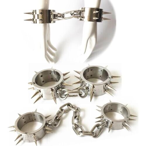 Stainless Steel Restraints Kit Collar Handcuffs Shackles with Thorn Sex Fetish Slave Necklace Sex Toys for Women Man G7-6-123