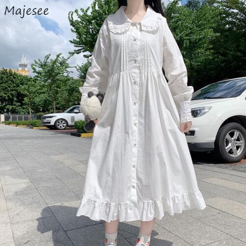 Long Sleeve A-line Dress Women Solid Peter Pan Collar Ruffles Korean Sweet Cute Vintage Elegant Girls Spring All-match Lady New