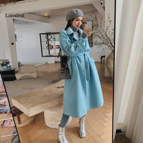 Casual Fashion Women Woolen Coat Winter Elegant Single Breasted Belt Blue Loose Coat