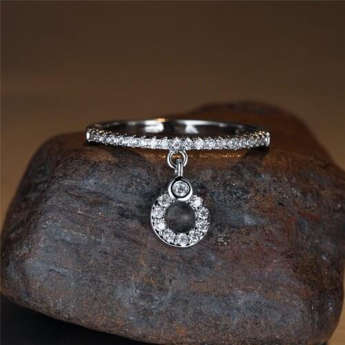 Simple Fashion Hollow Round Pendant Ring Boho Gold Silver Color Wedding Ring White Zircon Small Stone Rings For Women Party Gift