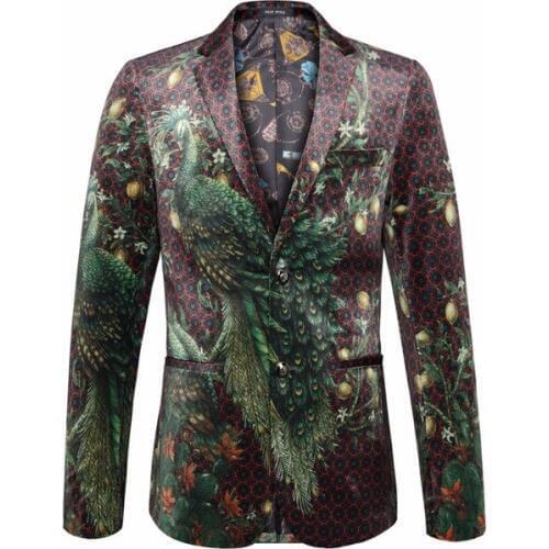 Luxury Green Peacock Print Luxury Men Suit Blazer Coat Party Dress Blazer For Men Slim Fit Stage Casual Men Dress Suit Blazers
