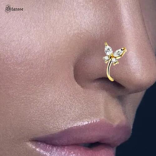 Starose 1Pc Hot Oval Zircon Butterfly Nose Cuff Fake Nostril Piercing Helix Tragus Earrings Cuff Nose Ring Pins Ear Clip Jewelry