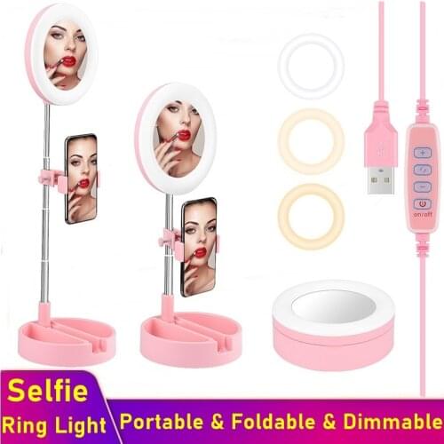 Universal Portable Selfie Fill Ring Light 6 Inch Dimmable LED Light Camera Phone Foldable Tripod For Makeup Video Live Studio
