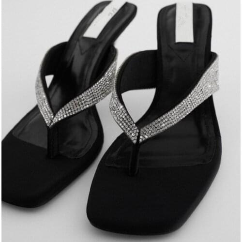Womens Shoes 2021 Summer New Square-toe High-heeled Shoes with Rhinestone Stiletto Flip-flops