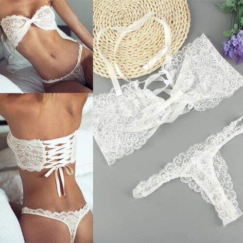 2019 New lingerie Corset hot Plus size sexy black lace bow strap thong bikini lacing sexy underwear set white color women sexy
