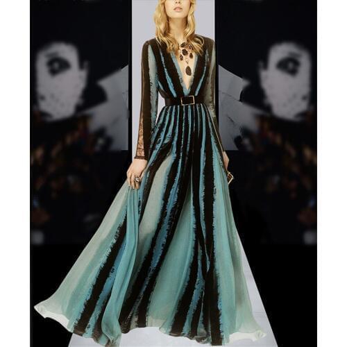 See Orange Vintage 50s Dress With Long Sleeves Women Autumn Dress Chiffon 2017 V-Neck Ankle-Length Dress Bohemian Long Dress