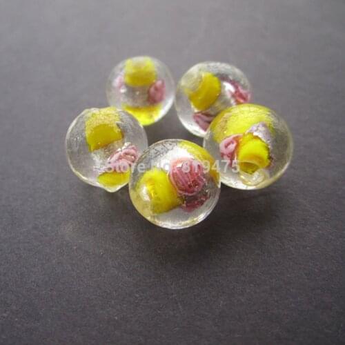 20Pieces/Lot 12mm Lampwork Glass Beads Flower With White Foil Yellow Color for jewelry making