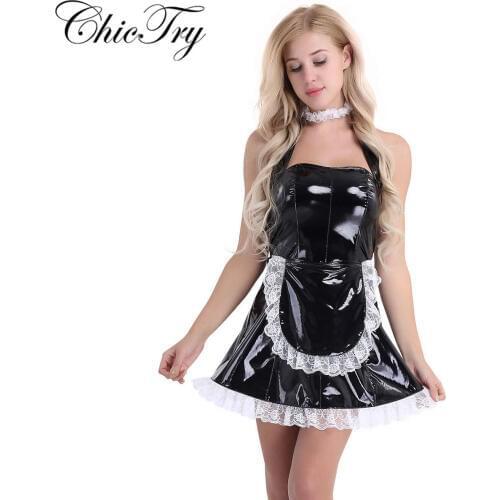 3Pcs Fashion Women Wet Look Patent Leather Maid Dress Cosplay Costume Maidservant Outfits Halter Dress with Apron and Neck Ring