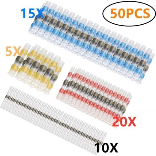 50PCS Assorted Heat Shrink Solder Seal Sleeve Splice Terminals Waterproof Insulated Electrical Wire Butt Connectors 10-26AWG