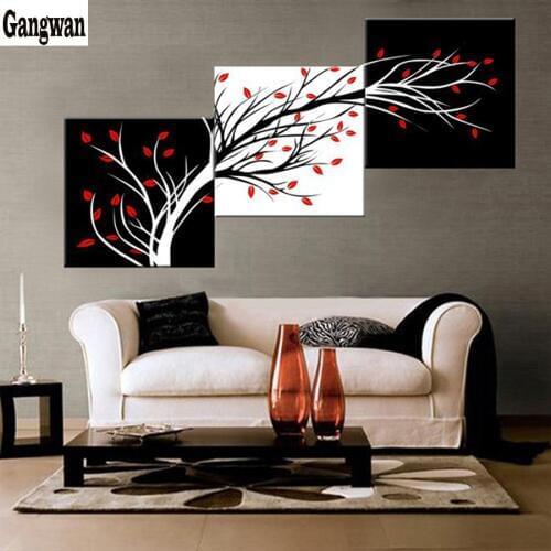 5d Home Decoration diamond painting cross stitch 3 Panel Abstract Tree diamond embroidery mosaic black white red arts painting