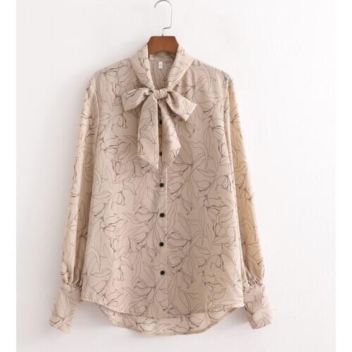 Evfer Women Elegant Flower Print Bow Collar Za Spring Khaki Long Shirts Female Fashion Long Sleeve Loose Blouse Tops Chic