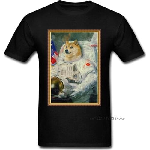 Astronaut Doge Funny Men Black Tops Single Akita Dog Portrait Spaceman Short Sleeve T-shirt Art Painting Tee Shirts For Friend