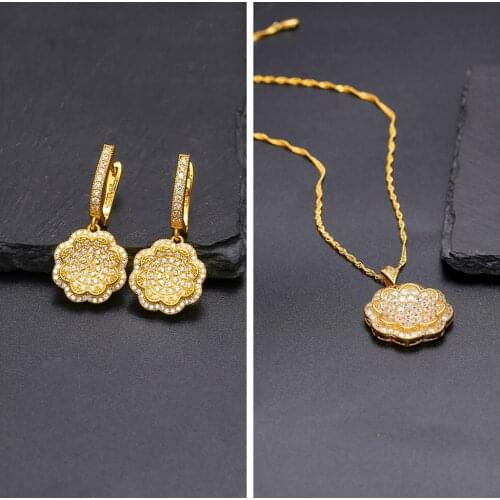 New Hot Cubic Zirconia Vintage Party Jewelry Sets Rhinestone Gold Color Necklace Earrings for Women Wedding Dubai Jewelry Set