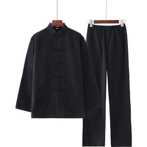 Mens 100% Cotton Solid Color Kung Fu Suit New Chinese Style Wu Shu Shirt&Trousers Sets Hot Sale Tai Chi Clothing M-4XL
