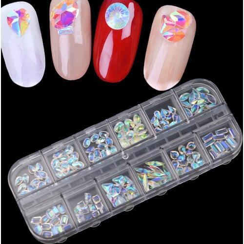 Set of 12 the crystal stone high-quality to gel nail resin in rhinestone with various size color cases Set rhinestone nail parts