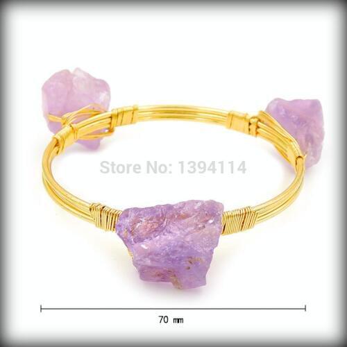 Natural 3 Rough Purple Quartz Crystal Composition Bracelet With Wire Wrapped Of Cladding Gold Approx 70 mm
