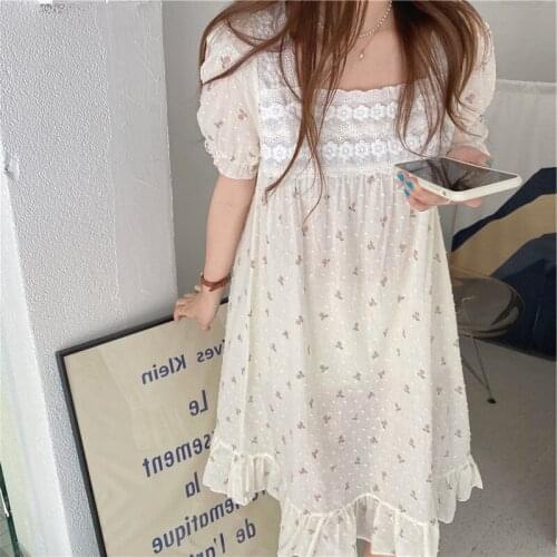 Nightdress Womens 2021 Summer New Sweet Lace Nightgown Bubble Sleeve Small Floral Square Collar Home Dress Female Sleepwear
