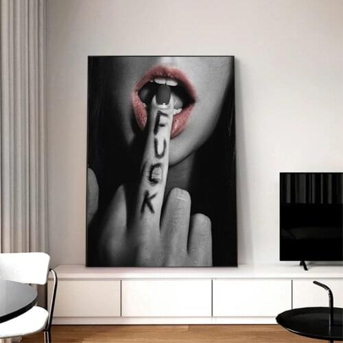 Sexy Lips With Finger Canvas Painting Cool Girl Art Posters and Prints Black and White Wall Pictures for Home Design Room Decor