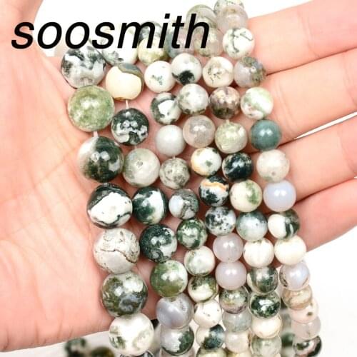 Soosmith Fashion 4 6 8 10 12MM Green Moss Tree Agat Natural Stone Beads Loose Round Spacer Beads For Jewelry Making Diy Gift