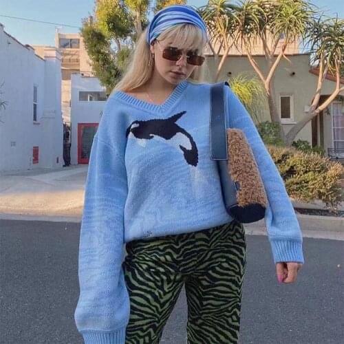 Streetwear Sweaters Fashion O-neck Long Sleeve Sea Dolphin Knitted Sweaters 2021 New Winter Casual Sweater Tops Autumn Outwear