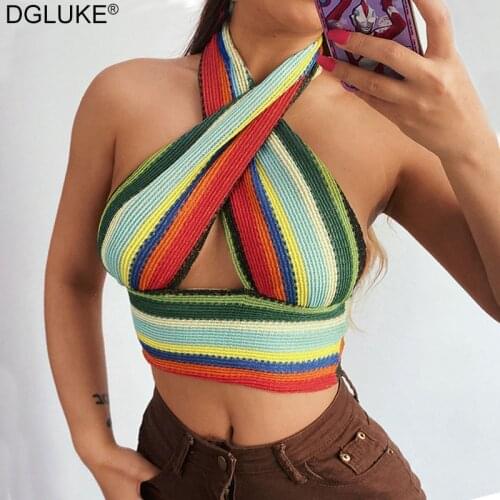 Rainbow Striped Knitted Halter Top Summer Cross Wrap Backless Crop Top Women Boho Tops Sexy Camis Clubwear