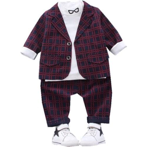 Spring Autumn Baby Clothes Suit Children Boys Fashion Plaid Coat T Shirt Pants 3Pcs/sets Toddler Formal Clothing Kids Tracksuits