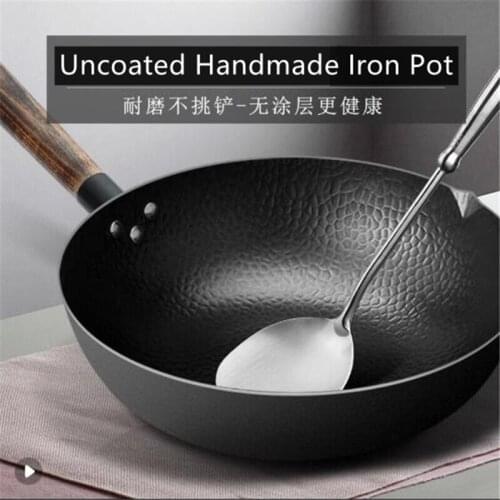 Handmade Iron Pot Wok Uncoated 32CM Fit Induction Cooker Gas Cooker Non-stick Fry Pan Wood Cover Healthy Cooking вок