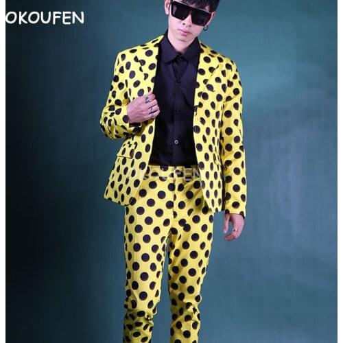 Yellow black wave point suit set decoration Korean version net red suit hair stylist nightclub casual stage show wear