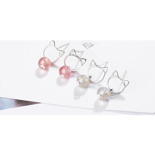 Cat Strawberry Crystal Moonstone Cute Exquisite Simple 925 Sterling Silver Temperament Fashion Female Dangle Earrings SEA382