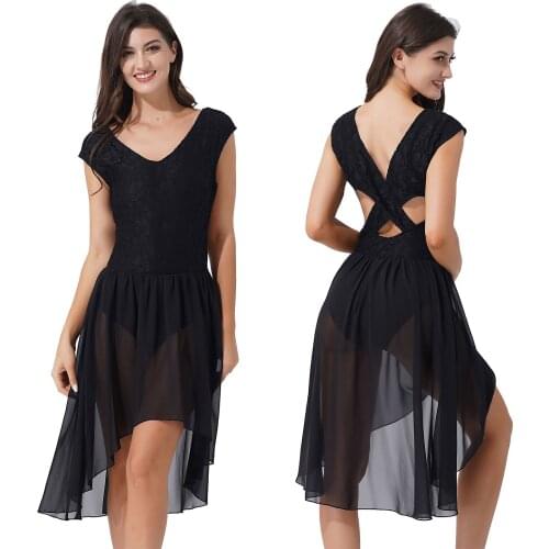 Women Chiffon Dance Dress Sexy V Neck Sleeveless Lace Dance Dress Asymmetric Hem Dresses Ballet Dancing Competition Costume