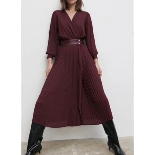 2021 New Summer Women High Quality Solid Wine Red Pleated Chiffon PU Patchwork Dresses Lady Elegant Long Sleeve V-Neck Dress