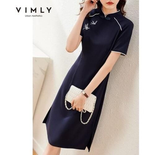 VIMLY Cheongsam Dress for Women 2021 Summer Slim Waist Elegant Embroidery Knitted A-line Chinese Dresses Female Vestifos F7853
