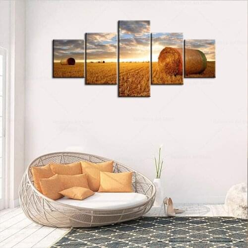 5 Pieces Canvas Prints Wall Art American West Straw Bales in The Sunset Landscape Vintage Style Decorations for Living Room