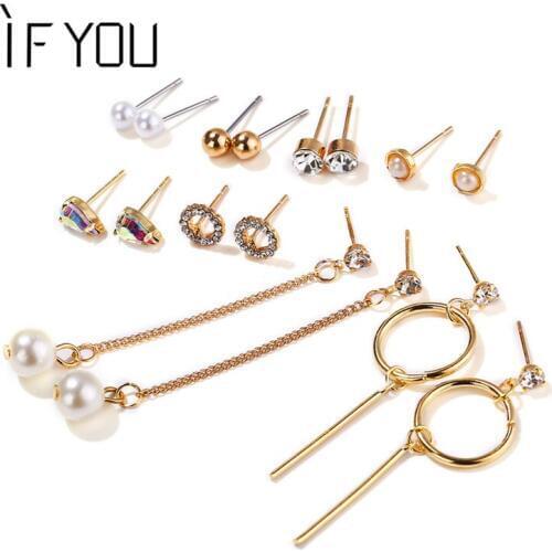 8 pcs/Set Vintage Geometric Crystal Stud Small Earrings Set For Women Female Mix Gold Color Big Round Brincos Earring Jewelry