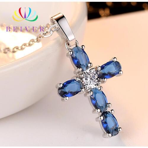 Beiver Fashion Blue Cubic Zirconia Cross Pendant Necklaces for Women Jewelry Necklaces Party Decoration Is Customized