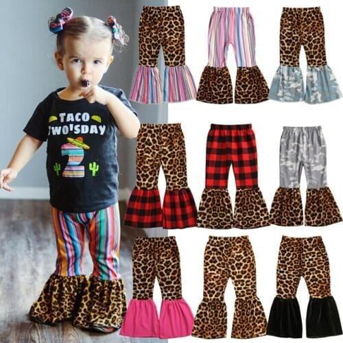 Pudcoco Girl Pants Toddler Kids Baby Girls Bell Bottom Wide Leg Stretch Pleuche Pants Leopard Striped Ranbow Long Trousers