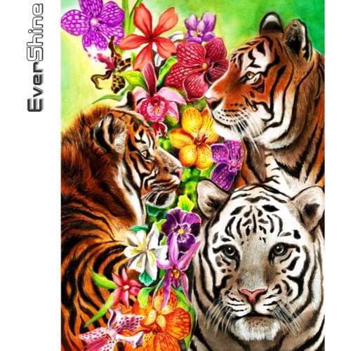 Evershine Diamond Painting Full Square Round Tiger 5D DIY Diamond Embroidery Animal Cross Stitch Flower Mosaic Kits Needlework