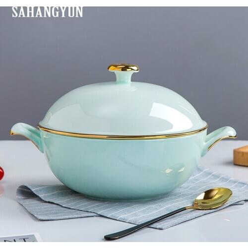 8 inch ceramic pot large bone china white household double ear soup pot with lid soup bowl tableware pot Phnom Penh celadon pot