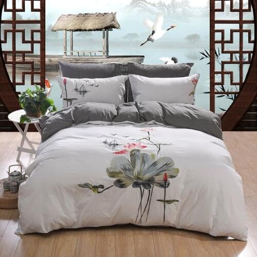 Embroidered Lotus Washed Cotton Bedding Set Chinese Style Double Size Soft Sheet Set Pillowcase Duvet Cover 4/6pcs for Home