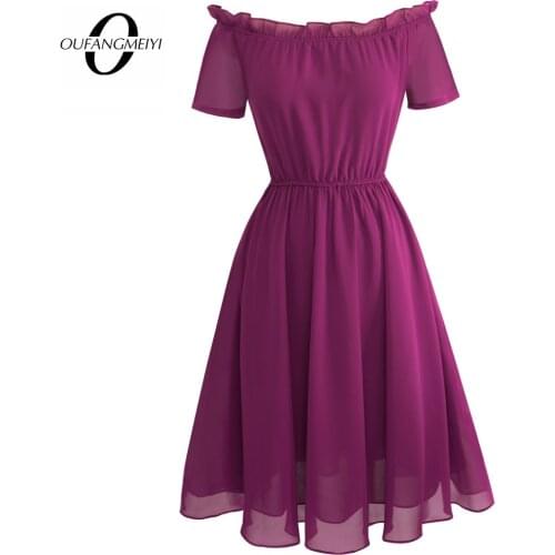 Summer Women Elegant Slash Neck Chiffon Casual Short Sleeve Party Stylish A-Line Dress EA035