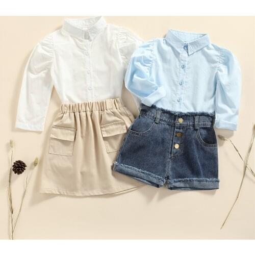 2021 1-6Y Fashion Kids Baby Girl Clothing Set Solid Puff Long Sleeve Shirt+Button Denim Shorts/Pockets A-line Skirt Fall 2pcs