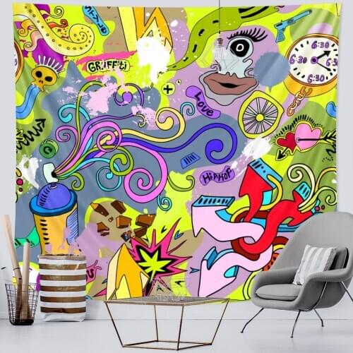 Cartoon graffiti psychedelic scene home art decorative tapestry Hippie Bohemian decorative Mandala Yoga mattress sheet