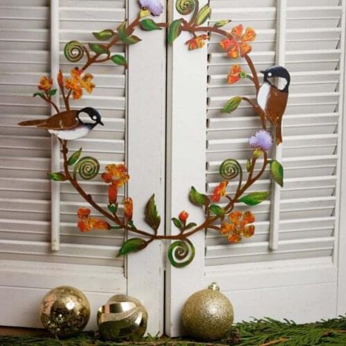 Flowers Wreath Wall Art Bird Garland Metal Hanging Wreath For Door Wall Farmhouse Decorations