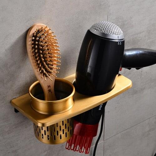 1 Set Space Aluminum Hair Dryer Holder Wall Mounted Hair Dryer Shelf For Bathroom Dressing Table 2in1 Storage Rack Organizer