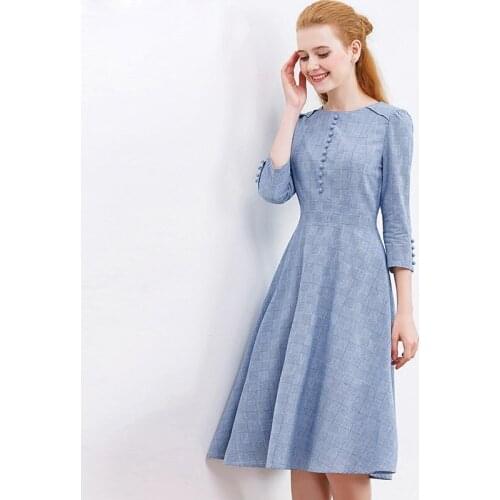 Abrini Dress 2021 Summer Sweet Plaid Blue Dress O-Neck Wrist Sleeve A-Line Office Dresses Buttons Up Slim Preppy Style Casual