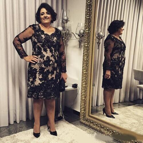 Mother Of The Bridal Dresses Long Sleeve Black Keen Length Lace Applique Crystal Formal Evening Dresses Custom Made Plus Size Pa