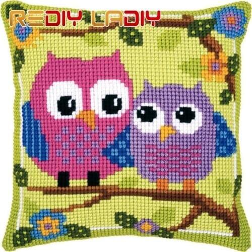 Cross Stitch Cushion Owls On a Branch Make Your Own Pillow Chunky Cross Stitch Kits Pre-Printed Canvas Acrylic Yarn Pillow Case