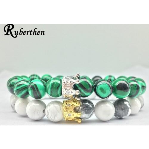 Ruberthen Simple Design Crown Charm Bracelet Natural Howlite Malachite Stone Bracelet Lover`s Balance Bohemia Energy Jewelry
